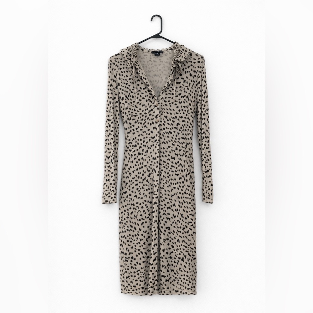 Pink Tartan Leopard Print Midi Dress with Ruffle Collar - M